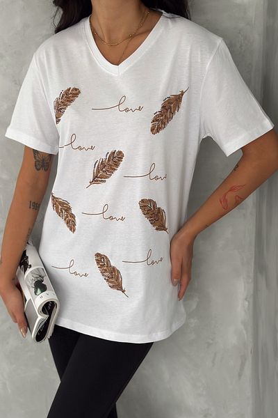 FEMELLE Women's White V-Neck Plus Size Leaf Sequin Sequin Embroidered 100% Cotton T-Shirt