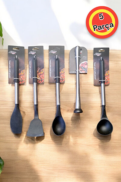 Kitchen Way Metal Saplı Silikon Uçlu Siyah İnci 5 Parça Yemek Hazırlık Seti K...