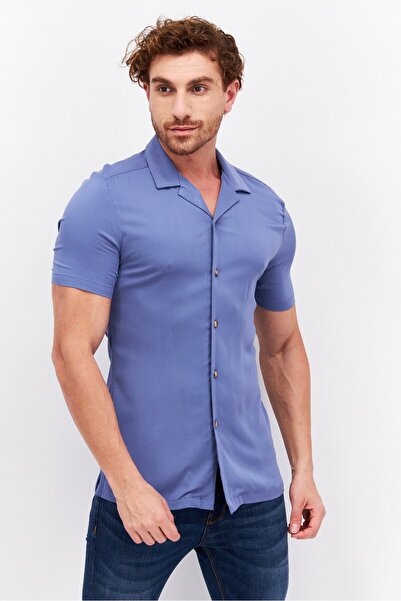 Asos Design Men Skinny Fit Solid Short Sleeve Casual Shirt, Blue