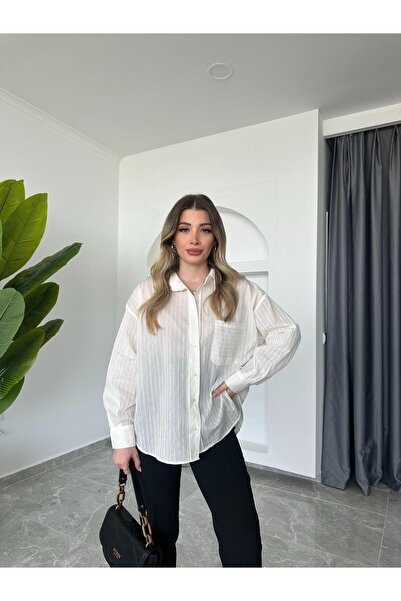 CKBUTİK Premium Beyaz Dokulu Çizgili Gömlek-4916