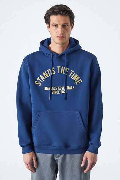 GRIMELANGE Wulf Men's Fleece Hooded Navy Blue Sweatshirt - Organic Fabric with Kangaroo Pockets