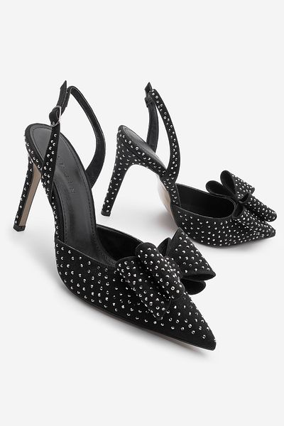 Marjin Maver Damen-Stiletto-Schuhe aus schwarzem Wildleder mit Schleifendetail und offenem Rücken in Steinen