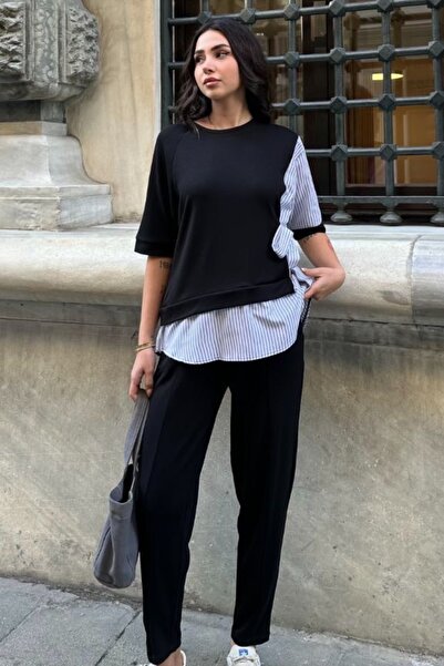 Ded COLLECTION Set modal cu mâneci scurte pentru femei - Detaliu cămașă cu cravată, topuri și pantaloni