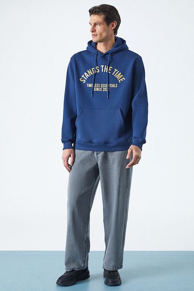 GRIMELANGE Wulf Men's Fleece Hooded Navy Blue Sweatshirt - Organic Fabric with Kangaroo Pockets
