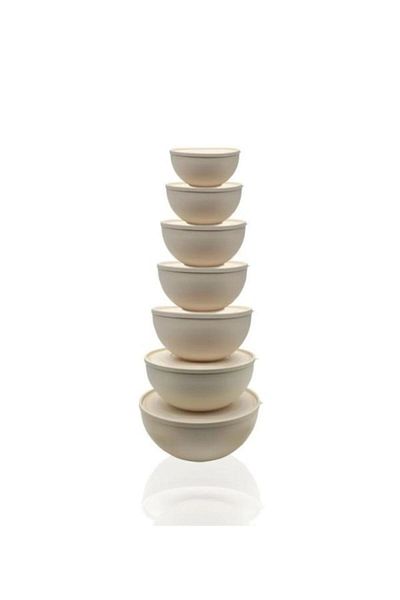 PANJI Set of 7 Cream - Round Bowl with Lid