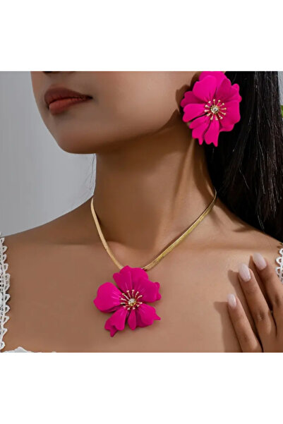 SE Jewellery Büyük Çiçek Motifli Renkli Kadın Kolye Küpe Set