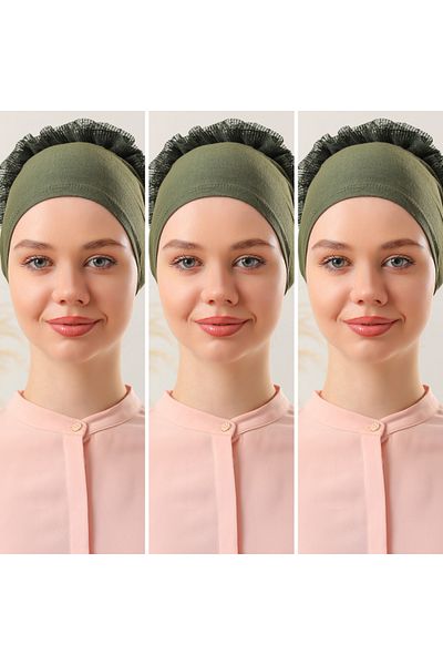Melodi Scarf Σετ Hijab 3 - Χακί Καπάκι με βολάν, ραφές και δαντέλα