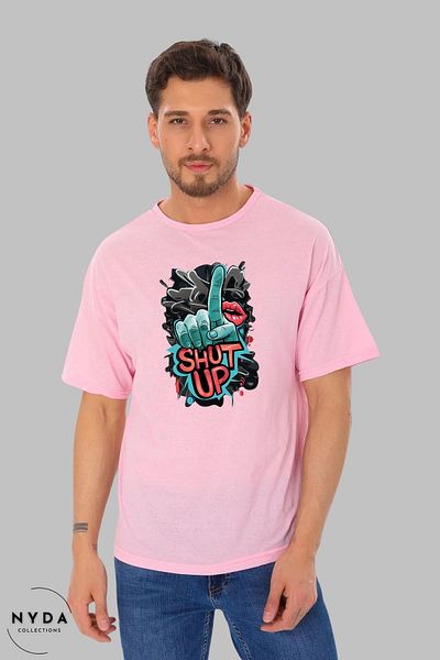 Nyda Collections Unisex Crew Neck Shut Up εμπριμέ βαμβακερό μπλουζάκι με κοντό μανίκι