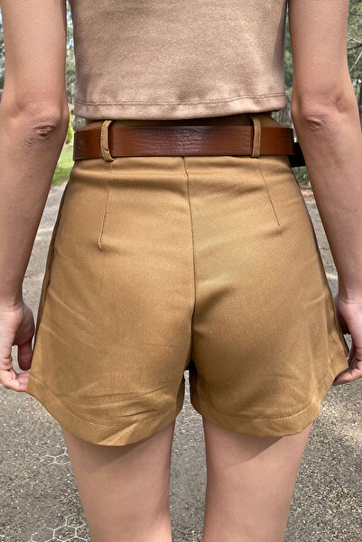 VAGGON Women's Camel Waist Belt Pleated Gabardine Shorts Skirt