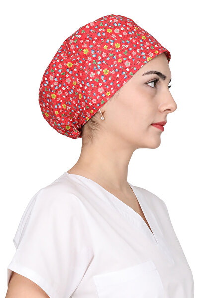 GTB BUTİK Kırmızı Mini Çiçek Desenli Doktor Hemşire Aşçı Bonesi Unisex Cerrah...