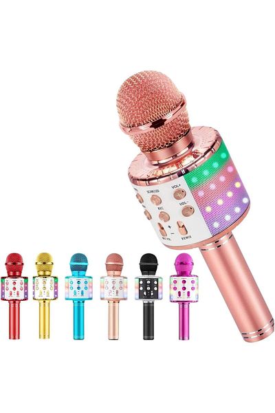 AWH ميكروفون كاريوكي للأطفال، ميكروفون لاسلكي 5 في 1 مزود بإضاءة LED للحفلات (وردي)