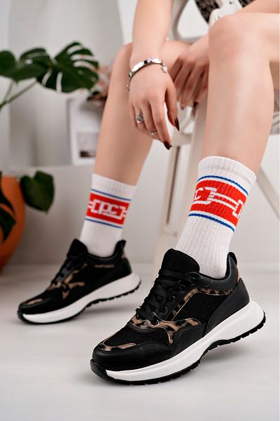 moda sara Pantofi sport de damă cu sclipici leopard negru