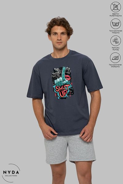 Nyda Collections Unisex Crew Neck Shut Up εμπριμέ βαμβακερό μπλουζάκι με κοντό μανίκι