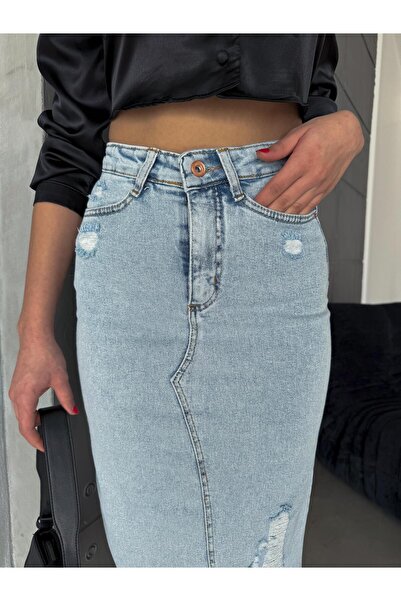 Happy Pink Açık Mavi Ön Yırtmaç Kot Etek