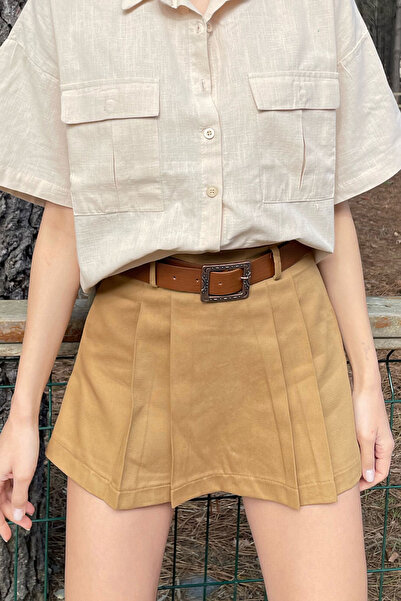 VAGGON Women's Camel Waist Belt Pleated Gabardine Shorts Skirt
