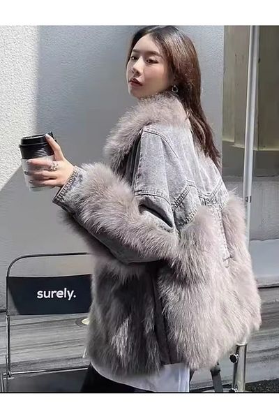 ARDSU Women's Sheepskin Denim Coat, Thick Winter Coat,