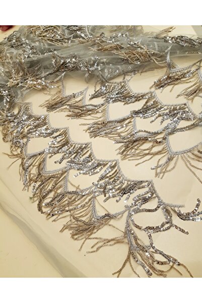 Safir Kumaş Gümüş ve Bej Renk Saçaklı Payet Kumaş 2.5 Metre