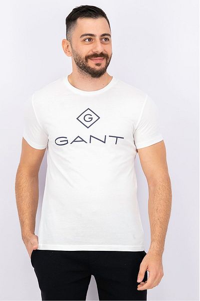 Gant تي شيرت رجالي بطبعة شعار العلامة التجارية، بأكمام قصيرة ورقبة دائرية، أبيض