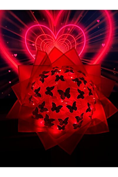 Store Led Işıklı Kırmızı Kelebek Buketi Sevgiler Günü Anneler Günü Doğum Günü...