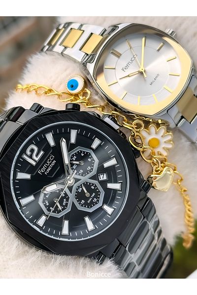 Ferrucci Dear Steel Cord Silvery-Yellow Couple Wrist Watch Bracelet