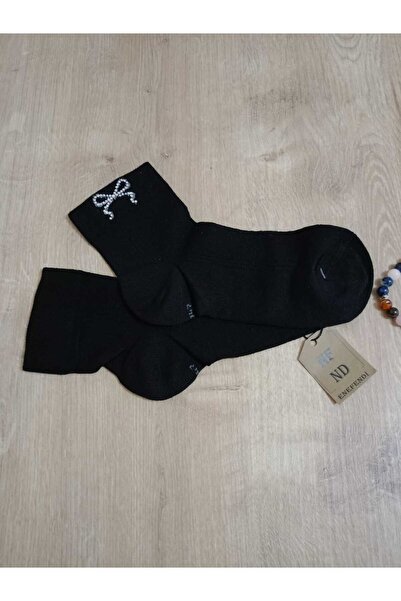 ENEFENDİ Дамски черни чорапи от памук с камъни и панделки, ароматизирани, еластични, без шевове, размер 36-40, 2 чифта