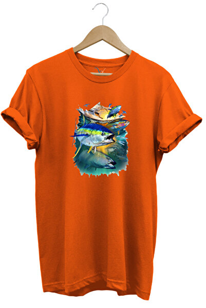 WİDİ Tricou portocaliu cu decolteu crew, 100% bumbac, cu imprimeu de pește