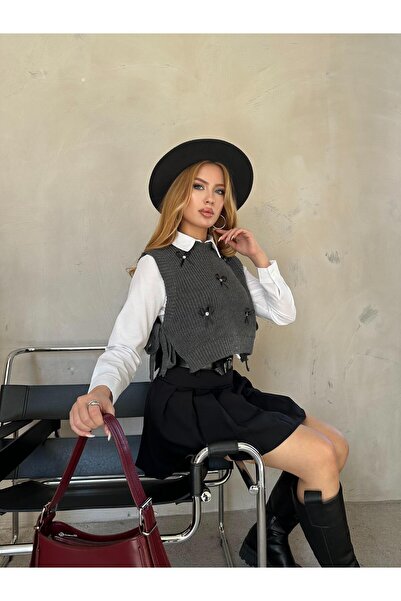 Angel Mia Tricotaj cu detaliu cu fundă Pulover Antracit