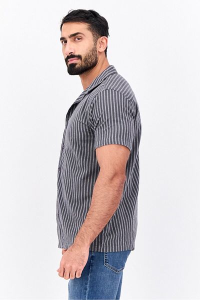 Algspar Men Regular Fit Stripe Short Sleeves Casual Shirt, Grey
