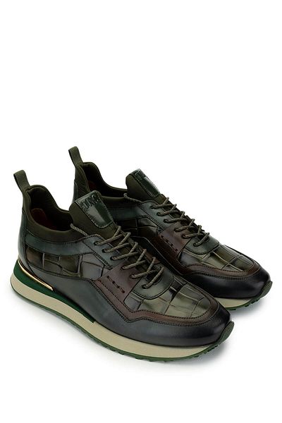 Tamer Tanca Men's Genuine Leather Green Crocodile Sneakers & Sports Shoes