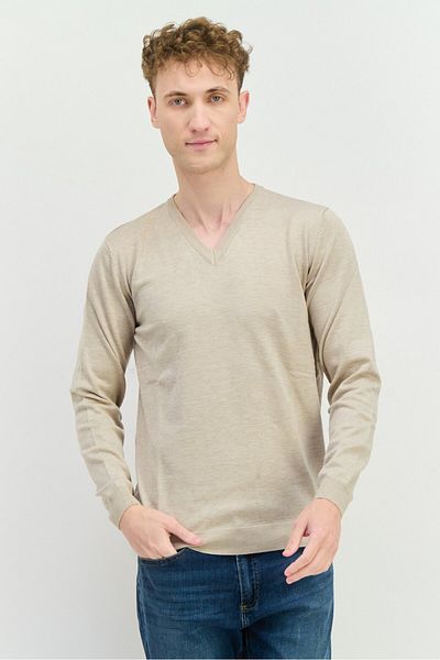 Sorbino Men V- Neck Textured Long Sleeves Sweatshirt, Beige