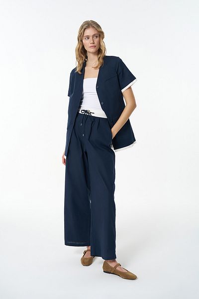 Quzu Navy Blue Palazzo Trousers - Waist Garnished