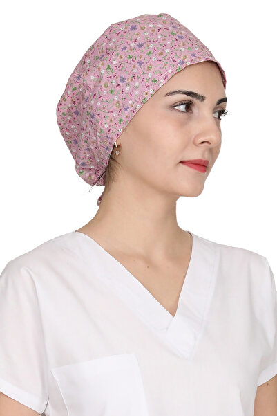 GTB BUTİK Pudra Pembe Mini Çiçek Desenli Doktor Hemşire Aşçı Bonesi Unisex Ce...