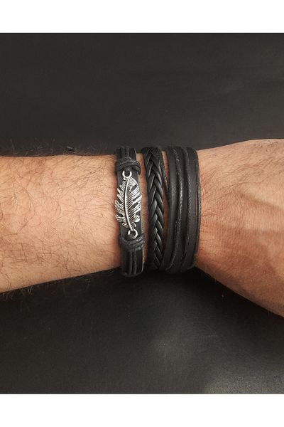 BSN Store Real Leather Bracelet with 3 Pieces of Feather Figure