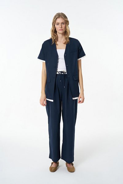 Quzu Navy Blue Palazzo Trousers - Waist Garnished