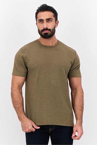 French Connection Men Crew Neck Short Sleeves Textured T-shirt, Light Olive