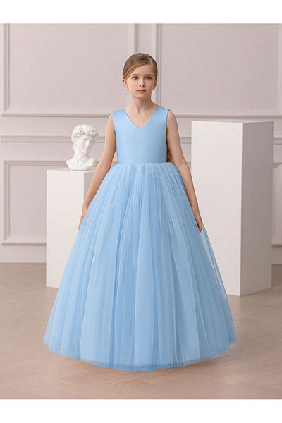 HSNLİFE Fata Copil ACASIA Model Culoare Albastru Bebeluș Decolteu în V Simplu Elegant Rochie de Seară Lungă Rochie de absolvire