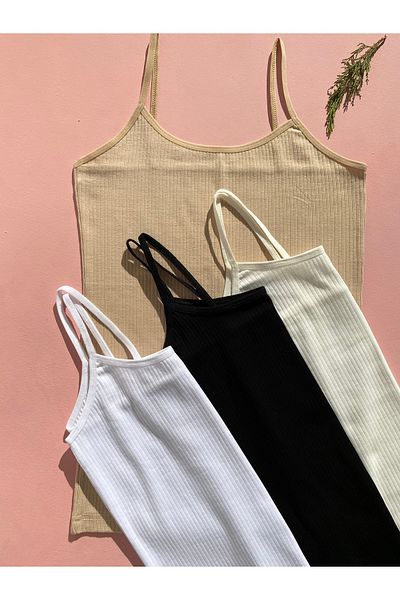 LEYNA BUTİK Women's 4 Pieces Corded, Cotton, Lycra, Ribbed Blouse with Rope Straps - Undershirt (Ecru-Skin-Black-White)