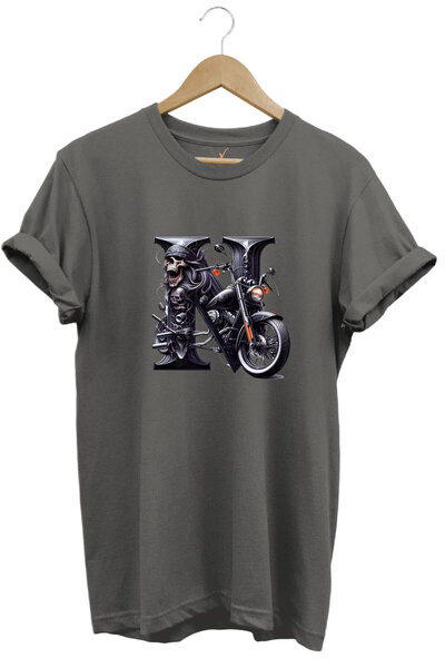 WİDİ Tricou gri cu decolteu cu gât pentru motocicletă, 100% bumbac, cu imprim...