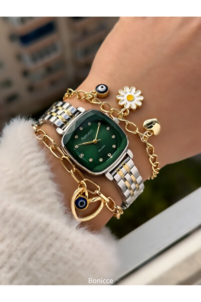 Ferrucci 25*25 MM Kasa,Yeşil Renk Çelik Kordon, Kare Kadran, Kesme Cam,Taşlı Kadın Kol Saati+Kalp Bileklikler