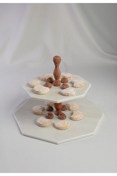 MERALP 2-Piece Real Marble Cake Presentation - Presentation and Layered Cookie Holder, Chestnut Wooden Leg