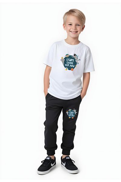 FYK COLLECTİON Astronaut Stars Printed Boy's Short Sleeve Bottom-Top Suit