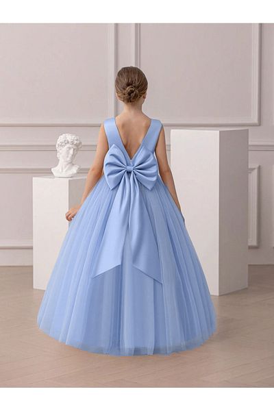 HSNLİFE Fata Copil ACASIA Model Culoare Albastru Bebeluș Decolteu în V Simplu Elegant Rochie de Seară Lungă Rochie de absolvire