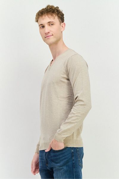 Sorbino Men V- Neck Textured Long Sleeves Sweatshirt, Beige