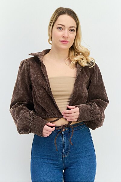 En Saison Women Spread Neck Long Sleeves Textured Blouse, Dark Brown