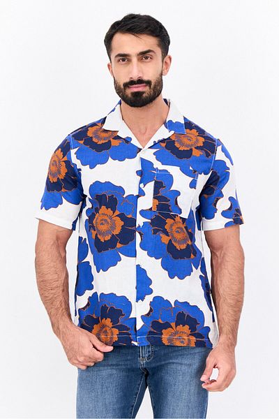 GAP Men Regular Fit Floral Print Short Sleeves Casual Shirt, Blue