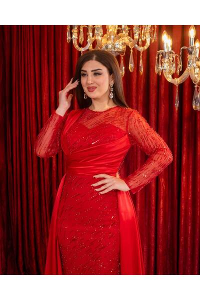 ZENABİYEM Zena Fashion  Bel Kuşaklı Kuyruklu Nakış İşlemeli Abiye  Elbise