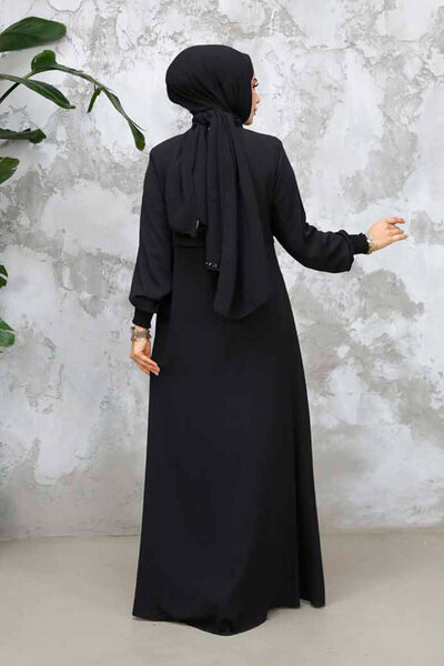 Neva Style Zippered Black Hijab Abaya 81291S
