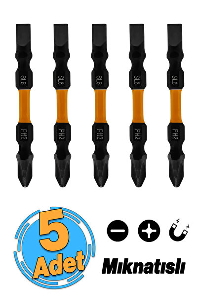 Badem10 Mıknatıslı 5 Adet Çift Taraflı Bits Uç 50 Mm Vida Sökme 5 Cm Düz Yıld...
