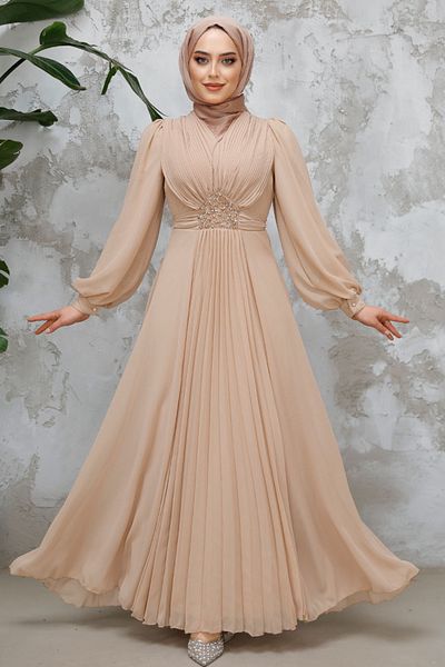 Neva Style Hijab Evening Dress - Beige Hijab Evening Dress with Drape Detail 4448Beige