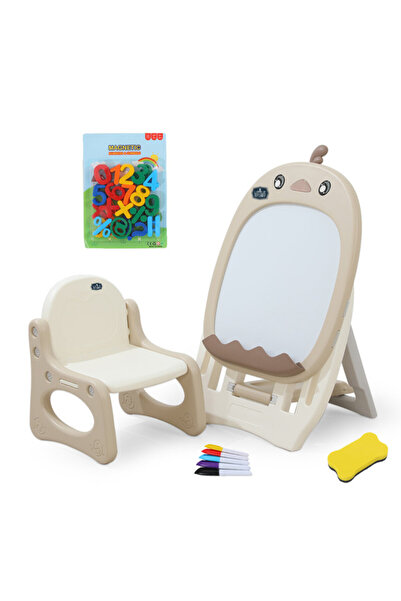 Little Story لوحة رسم مع كرسي وأرقام مغناطيسية وقلم 5 ألوان وممحاة - بيج